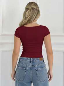 Set Of 3 Women's Baby Look Blouses With Square Neckline, Short Sleeves, Basic Shaping, Versatile, Casual Fashion, No Transparency, Fabric With Elastane, , Blogger Style, Affordable - WHITE WINE-cOFFEE - View 3