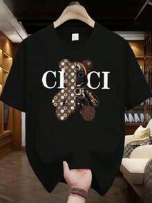 Men's T-Shirt, 100% Bear Gu Cotton Premium Knit, Short Sleeve, Round Neck - 黑色 - 查看 1