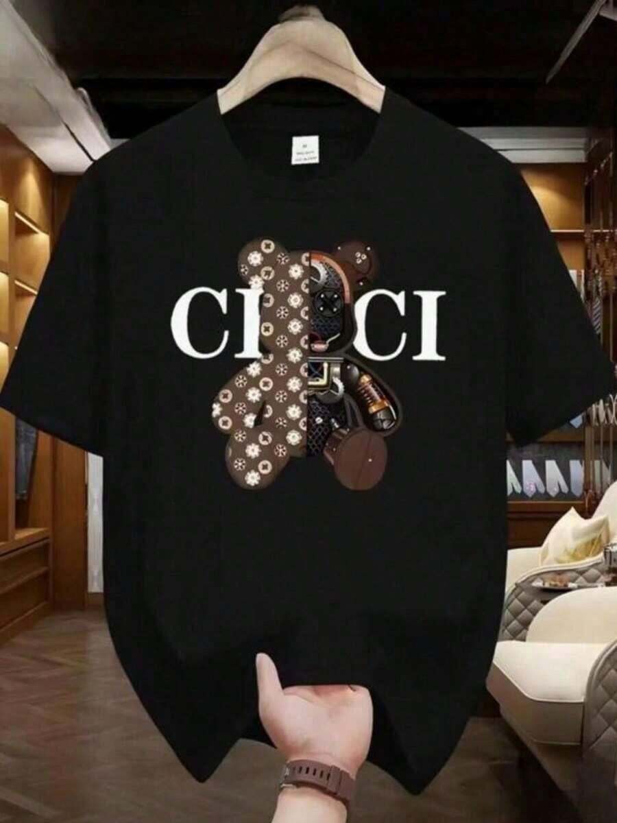 Men's T-Shirt, 100% Bear Gu Cotton Premium Knit, Short Sleeve, Round Neck - 黑色 - 查看 1