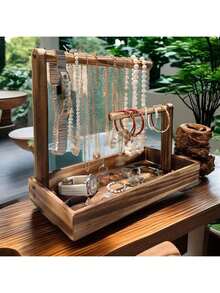 1pc Rustic Wooden Jewelry Organizer Stand - Versatile Desktop Display For Necklaces, Bracelets, Watches, Beads - Rectangular Solid Wood Jewelry Rack, No Electricity Needed, Jewelry Towers