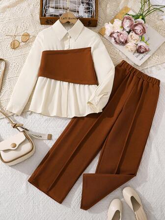 Left Mama Set de 2 piezas de top de manga larga con bloqueo de color y pantalones rectos informales para niñas preadolescentes, para primavera/otoño