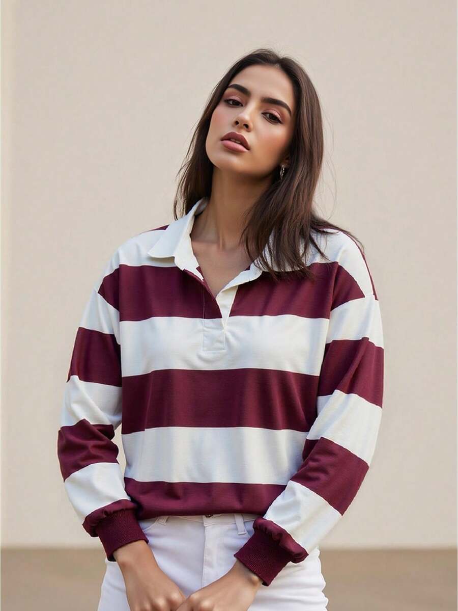 Women Striped Rugby Shirt Long Sleeve Color Block Polo Shirts Y2k Vintage Collared Sweatshirt Teens Girls Preppy Pullover Tops Streetwear - Màu Đỏ Sâu - Xem 1