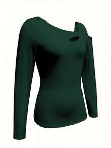 Hollow Out Asymmetric Shoulder Long Sleeve Top, Fashionable Top For Women, Spring & Autumn Casual Summer - Dark Green - View 4