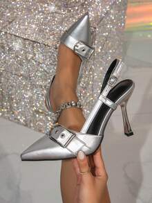 女士优雅高跟鞋，PU材质，尖头，露跟带扣，性感优雅，适合派对，百搭高跟鞋 - 銀色 - 查看 1