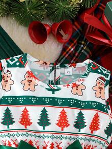 Girls Christmas Outfit Ruffle Hem Jacket Paired With Sleeveless Snowman & Christmas Tree Print Dress, Elegant Girls 2 Pieces Holiday Party Wear - Green - View 6