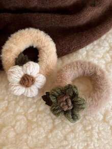 4 piezas Lazos elásticos de punto con diseño floral minimalista y lindo, accesorios de pelo versátiles para mujeres, sujetadores de coleta, ligas de pelo, bandas de goma para el cabello, scrunchies, cuerda para el cabello - Multicolor - Ver 3