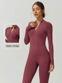 NcmRyu 1 Stück Damen nahtloser, thermisch gefütterter, schlankmachender, modischer, einfarbiger Stehkragen-Jumpsuit mit Reißverschluss, formend, hebend, für Outdoor-Fitness, Workout, Laufen, Yoga