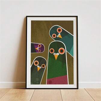 1 st konsttryck med nyfikna duvor: Retro illustration från mitten av århundradet, kanvasmålning, väggkonst, rum, heminredning, orammat
