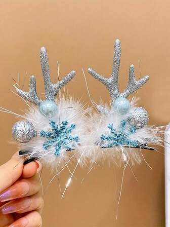 2个可爱闪亮圣诞驯鹿雪花发夹，节日派对配饰，适合女孩和青少年，闪亮圣诞派对发饰，理想的节日庆祝活动和装饰，趣味节日设计，装饰性发饰，发爪，发夹，发卡