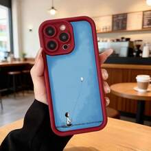 Cubierta de telefono con borde negro azul claro con estampado de niña sentada sosteniendo globo blanco para uso diario en cafeterias y espacios urbanos Aplicable a los teléfonos de la serie Apple y Galaxy - Burdeos - Ver 7