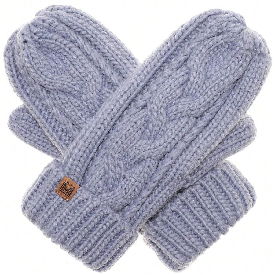 MIRMARU Women's Warm Winter Gloves Cozy Soft Cable Knit Mittens With Fleece Lining{Inchsize_nameinch:InchOneSizeinch,Inchcolor_nameinch:InchDustyBlueinch} - 塵藍 - 查看 1