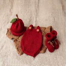 3pcs Handmade Knitted Newborn Baby Set, Seamless Stitching, Ideal Gift For Christmas, 100 Days Celebration, New Year, Apple Design - 紅色 - 查看 5