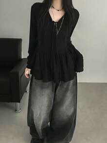 Korean Style Spring New V-Neck Peplum Hem Tie Design Long Sleeve T-Shirt, Layered Look Ladies Top - Black - View 2
