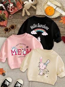 3件套幼儿女童休闲印花圆领套头卫衣，秋冬季 - 可爱的兔子、彩虹、猫咪印花连帽卫衣，为每个宝宝带来欢乐和幸福！ - 黑色 - 查看 3