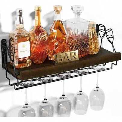 Wall Mounted Wine Rack, 17inch Wine Glass Rack Floating Shelf With Stemware Hanger, Wood Wall Shelf Wine Display Storage Kitchen, Dinning Room, Home Bar, Living Room Etc, Pitch Black