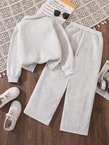 Left Mama 2pcs Girls Solid Color Long Sleeve Sweatshirt And Straight Leg Pants Set, Casual And Warm For Autumn/Winter - Grey - View 2