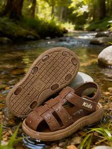 HAHABOBO New Brown Fashion Children Sandals - Solid Color Striped Pattern, Stylish And Simple, Versatile For Daily Wear, Elegant And Graceful, Suitable For Boys, Girls And Toddlers. Comfortable And Soft, Flat And Lightweight, With Design, Suitable For Outdoor Walking, Commuting, School, Beach, Garden And Other Occasions, Can Also Be Worn As Slippers; Perfect For Summer, Autumn And All Seasons. - Brown - View 3