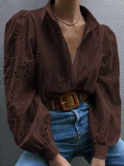 女士棕色衬衫，刺绣纯色系带长袖白色上衣，适合日常穿着、旅行、母亲节、生日和海滩派对。
