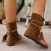 Women's Brown Boots 2024 New Retro Round Toe Tube Boots Fashionable And Versatile Thong Tassel Roman High Top Shoes - Brown - View 2