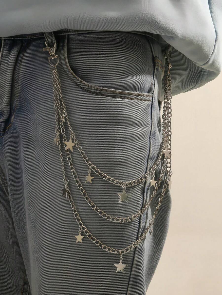 سلسلة متعددة الطبقات للبنطلون على الطراز الشارع الرجالي، قلادة نجمة بتصميم هيب هوب حديث وأنيق - سلسلة بنطلون ذات نجمة خماسية الرؤوس - مشاهدة 1
