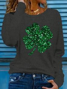 2025[St. Patrick's Day T-Shirt] Women's St. Patrick's Day Four-Leaf Clover Graphic T-Shirt - White Top With Green Glitter Print, Crew Neck Long Sleeve Shirt For Irish Parties, Everyday Fits - Machine Washable Casual Blouse, Seasonal Fashion, Playful Design, Durable Construction, Holiday Apparel, Party GoersSoft And Breathableoversized Hoodie, Sweatshirt 2025 - 白色 - 查看 6