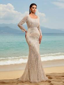 Đầm maxi đuôi cá sang trọng, cao cấp, đính sequin và ren, cổ vuông, hở lưng, dây buộc điều chỉnh được, thích hợp cho các bữa tối trang trọng, dạ hội, đám cưới, sự kiện thảm đỏ, tiệc Valentine mùa xuân. - Màu be - Xem 8