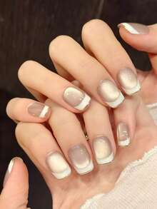 YADORNOS 10pcs Nude Glass Bead Cat Eye Handmade Press On Nails, White Border French Fake Nails, Milk Tea Color Nails, Short Coffin Fake Nails French Nail Tips, With Jelly Glue And Nail File Nail Supplies Handmade Press On Nails - Baby Pink - View 13