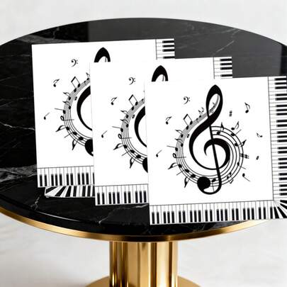 20张音乐主题派对餐巾纸；艺术风格，黑白音符，钢琴键图案，方形餐巾纸，音符线条流畅，适用于音乐庆典、钢琴演奏会、艺术主题活动