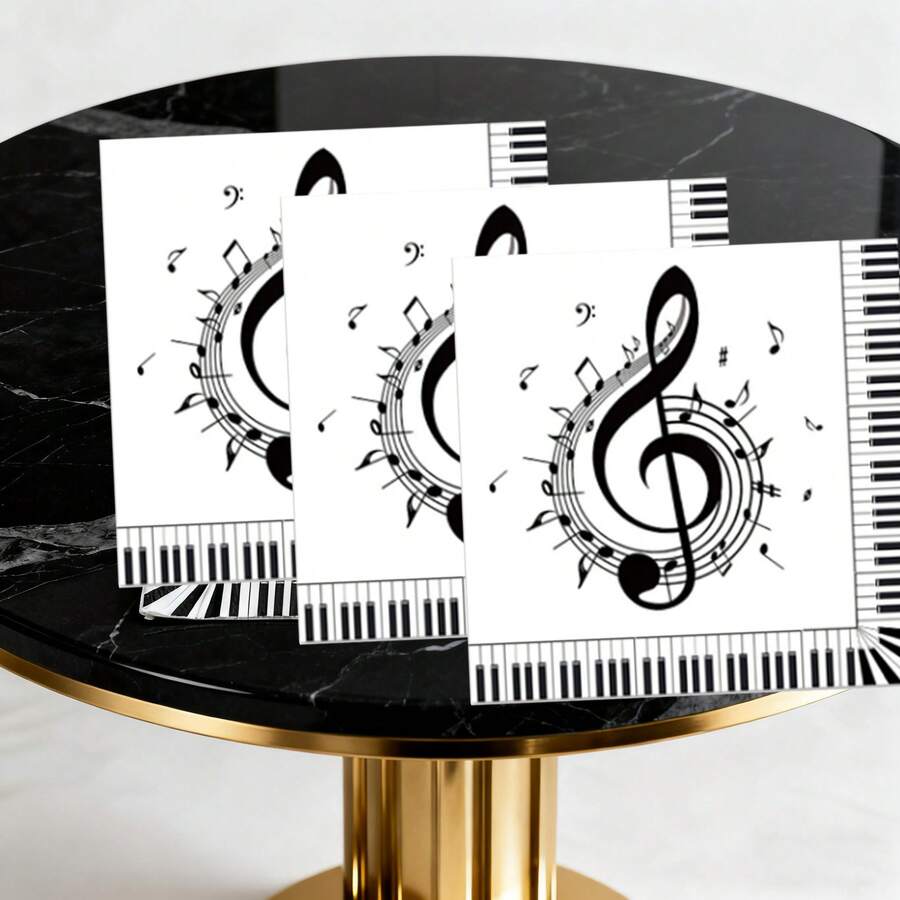 20张音乐主题派对餐巾纸；艺术风格，黑白音符，钢琴键图案，方形餐巾纸，音符线条流畅，适用于音乐庆典、钢琴演奏会、艺术主题活动