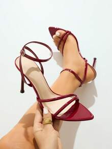 Women's High Heel Sandals, Suitable For Spring/Summer Night Parties, Gatherings, Outdoor Events, Runway Shows, Banquets. Featuring Pointed Toe, Shiny Finish, Ankle Strap, Soft And Skin-Friendly Mirror Material, Elegant And Fashionable Design In Wine Red Color, Ideal For Commuting And Pairing With Autumn Women's Outfits. - Burgundy - View 17