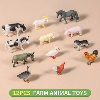 12 pièces/set Modèle réaliste d'animaux de la ferme en PVC unicolore, chien de compagnie, poulet, canard, cygne, cheval, vache, mouton, âne, convient pour la décoration de bureau et la collection (artisanat peint à la main, couleurs aléatoires)