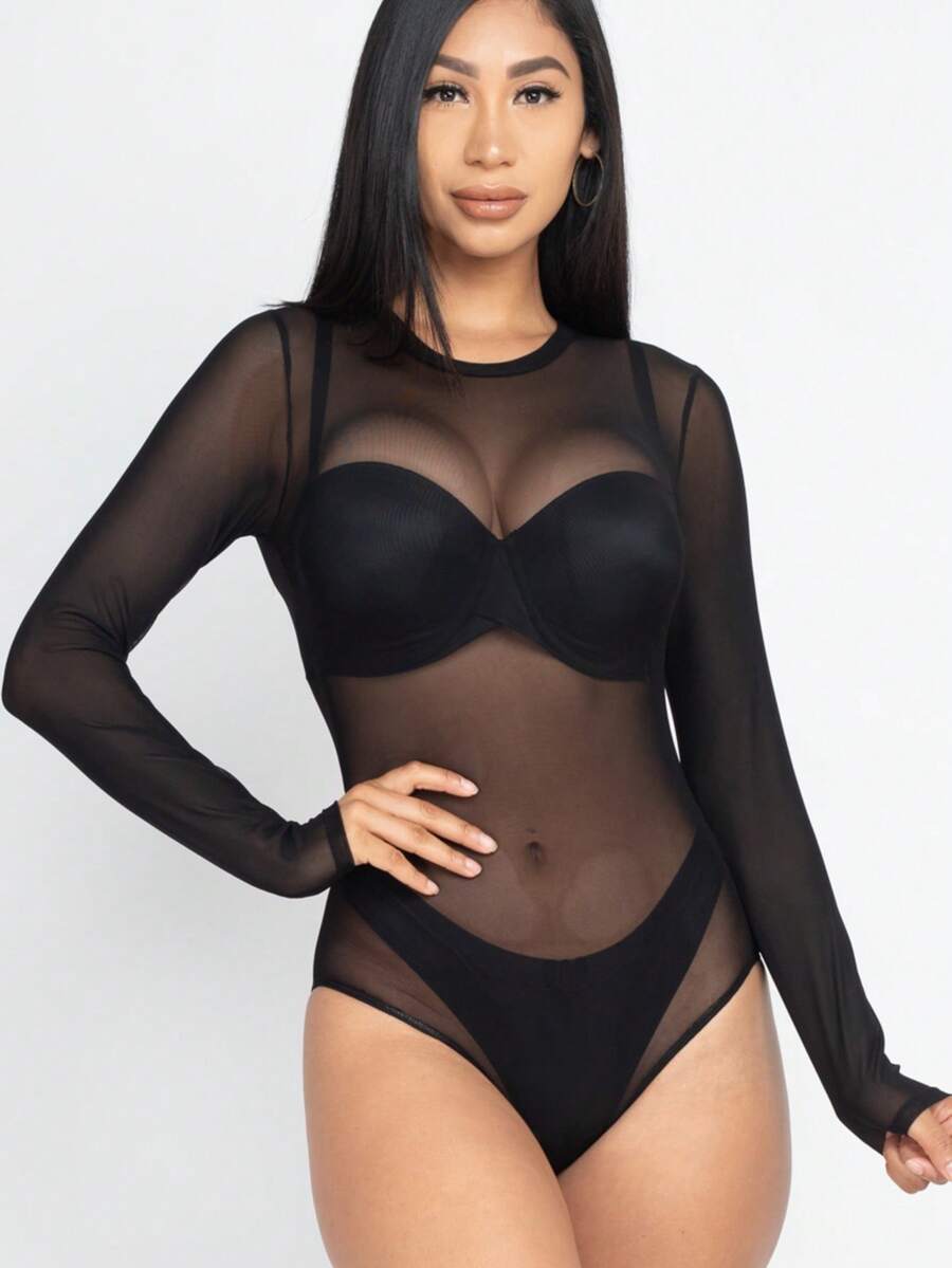 Women's Sexy Sheer Mesh Long Sleeve Bodysuit For Summer - màu đen - Xem 1