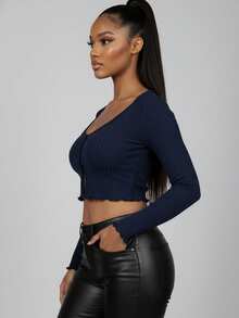 Women's Casual Rib-Knit Crop Top With Lettuce Trim Long Sleeves And Fake Buttons Sexy Round Neck Design - Hải quân - Xem 2