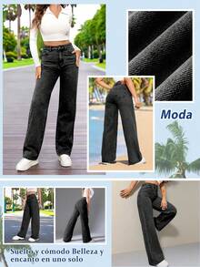 Jeans casuales de pierna recta y ajuste holgado para mujer con bolsillos, jeans rectos de moda, pantalones vaqueros holgados de mezclilla lavada, estilo vintage y casual, pierna ancha y talle alto para uso diario, cómodos, elásticos y aptos para todas las estaciones - Negro - Ver 10