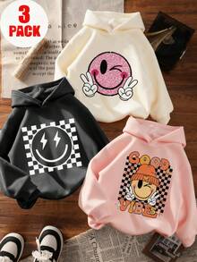 3pcs Tween Girl Sunshine Print Hooded Sweatshirt, Student, Warm Thermal Lined Long Sleeve Top For Autumn/Winter, Fashionable Niche Design - متعدد الألوان - مشاهدة 1