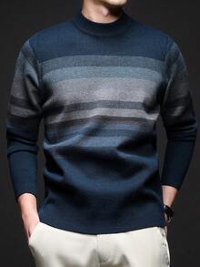 Navy Blue Men's Checkered Stripe Casual Crew-Neck Thick Knit Sweater, Winter, For Fall, Long Sleeve Top - Navy Blue - View 6