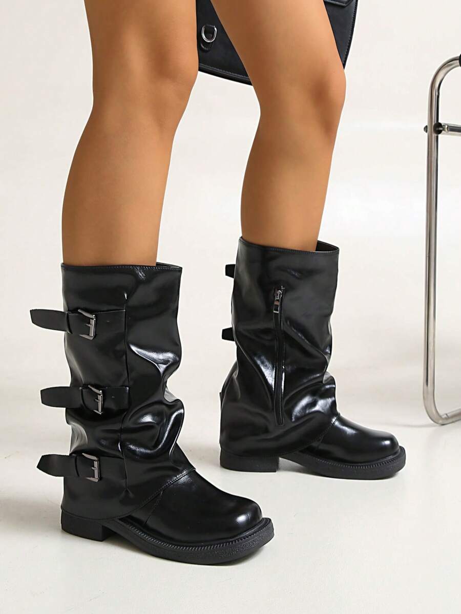 Women's Black Fashion Boots, New Buckle Strap Niche European And American Style Thick Heel Platform Comfortable Western Slouch Boots, Wrinkle Design, Retro Motorcycle Boots, Slim Fit, Autumn/Winter, Brown - Black - View 1