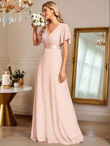 EVERPRETTY Elegant V-Neck Ruffle Butterfly Sleeve Champagne Bridesmaid Dress, Wedding Guest Dress, Spring/Summer Formal Dress For Wedding, Birthday Party, Graduation - Champagne - View 6