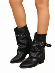 2025 Autumn/Winter New Design Slim Fit Stacked Heel Ankle Boots With Belt Buckle, Sexy Style, Black - Black - View 2