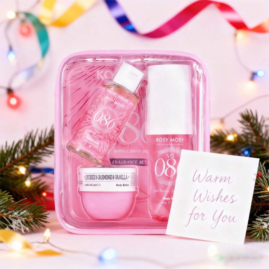 Skin care KOSY MOSY No.086 Premium Lychee Jasmine Vanilla Fragrance Gift Set | 100ml Long-Lasting Body Mist + 60ml Luxe Foaming Bath + 50g Intensely Hydrating Body Butter | Birthday/Christmas/Valentine's Day Perfect Gift to Say "You're My Sweetest" | At-Home Spa Kit for Romantic Self-Care & Gifting | Fruity-Floral-Vanilla Scent, Travel-Friendly, Elevate Daily , Quick Ship - Multicolor - Ver 1