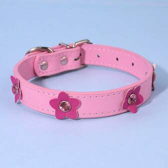 1pc Adjustable PU Leather Flower & Rhinestone Decor Pet Collar, Suitable For Cats, Small/Medium/Large Dogs, Chihuahua, Poodle, Pitbull, Dachshund, Etc., Pink, All Seasons