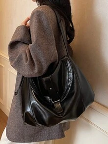Fashionable And Personalized Buckle Design Women's Shoulder Bag, High-End Atmosphere Simple Solid Color Adjustable Shoulder Strap Crossbody Bag, New Autumn And Winter Brown Tote Bag, Suitable For College Students' Daily Travel Shopping, Lightweight Large Capacity Storage Commuter Bag