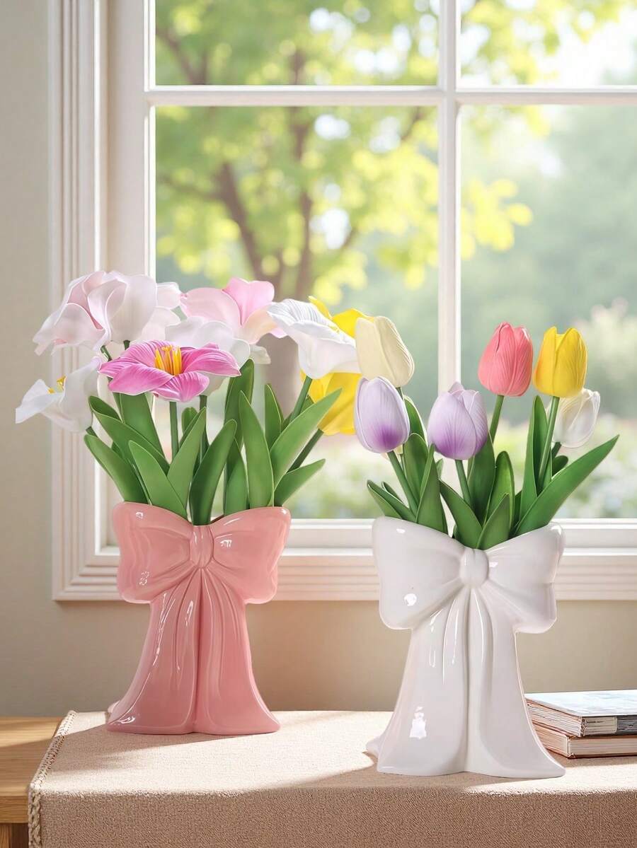 1/2个创意蝴蝶结花瓶，粉白简约优雅设计，适用于房间、家居、客厅、书房、餐厅装饰，精致工艺花瓶