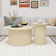 Set Of 2 Round Coffee Tables With Natural Wood Look And Wave-Shaped Structure - Integrated Side Table For Living Room, Bedroom, Study Or Office