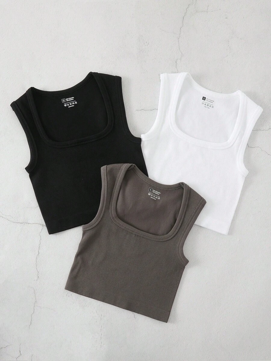 3 pièces Camisole dos nageur, Soutien-gorge de sport sans couture Yoga Fitness Débardeur, Top de couche de base élastique et respirant pour la course - Multicolore - Voir 1