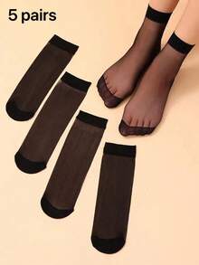 5 Pairs Assorted Transparent Breathable Stockings Suitable For Daily Wear, Fall Socks - Black - View 6