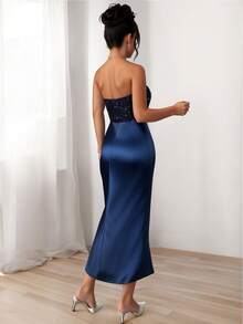 Fashionable Sexy Slit Fitted Sequin Patchwork Elastic Satin Cocktail Dress - Navy Blue - View 2