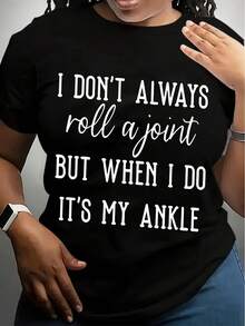 Women's Humorous Graphic T-Shirt - I Don't Always Roll A Joint... Printed Casual Round Neck Tee,  With White Text, Knitted Fabric, All-Season Comfort, Machine Washable - 黑色 - 查看 1