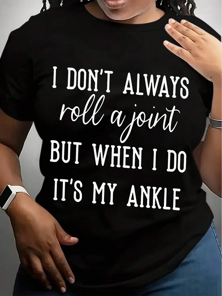 Women's Humorous Graphic T-Shirt - I Don't Always Roll A Joint... Printed Casual Round Neck Tee,  With White Text, Knitted Fabric, All-Season Comfort, Machine Washable - 黑色 - 查看 1
