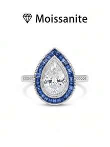 1 件女士结婚戒指，闪亮蓝边戒指，3.6 克 S925 纯银，2 克拉莫桑石，波西米亚宫廷风格，奢华订婚、婚礼、周年纪念、情人节礼物，附赠莫桑石证书和精美礼品盒 - 銀色 - 查看 12